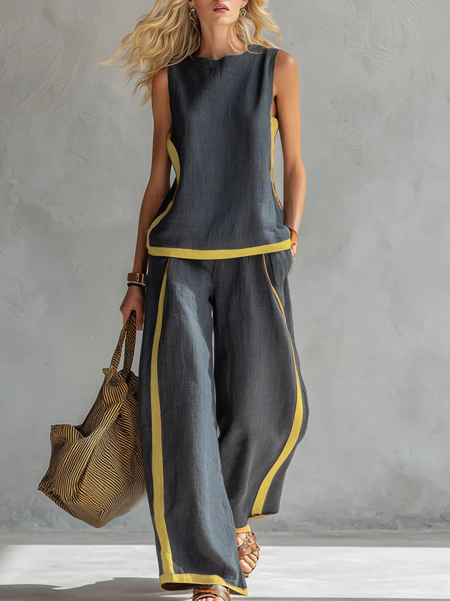 Marguerite™ | Conjunto de chaleco y pantalón chic-informal con acabados bicolor