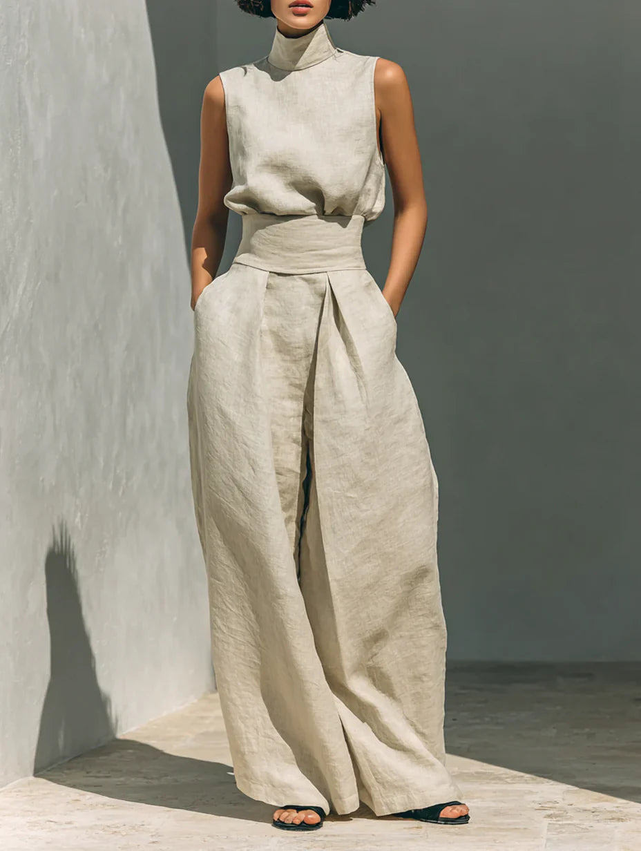 Julie™ | Conjunto de dos piezas beige en lino con top sin mangas y pantalón ancho