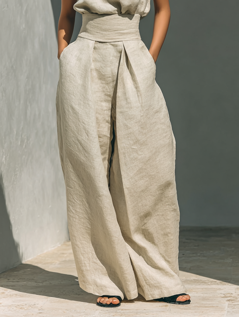 Julie™ | Conjunto de dos piezas beige en lino con top sin mangas y pantalón ancho