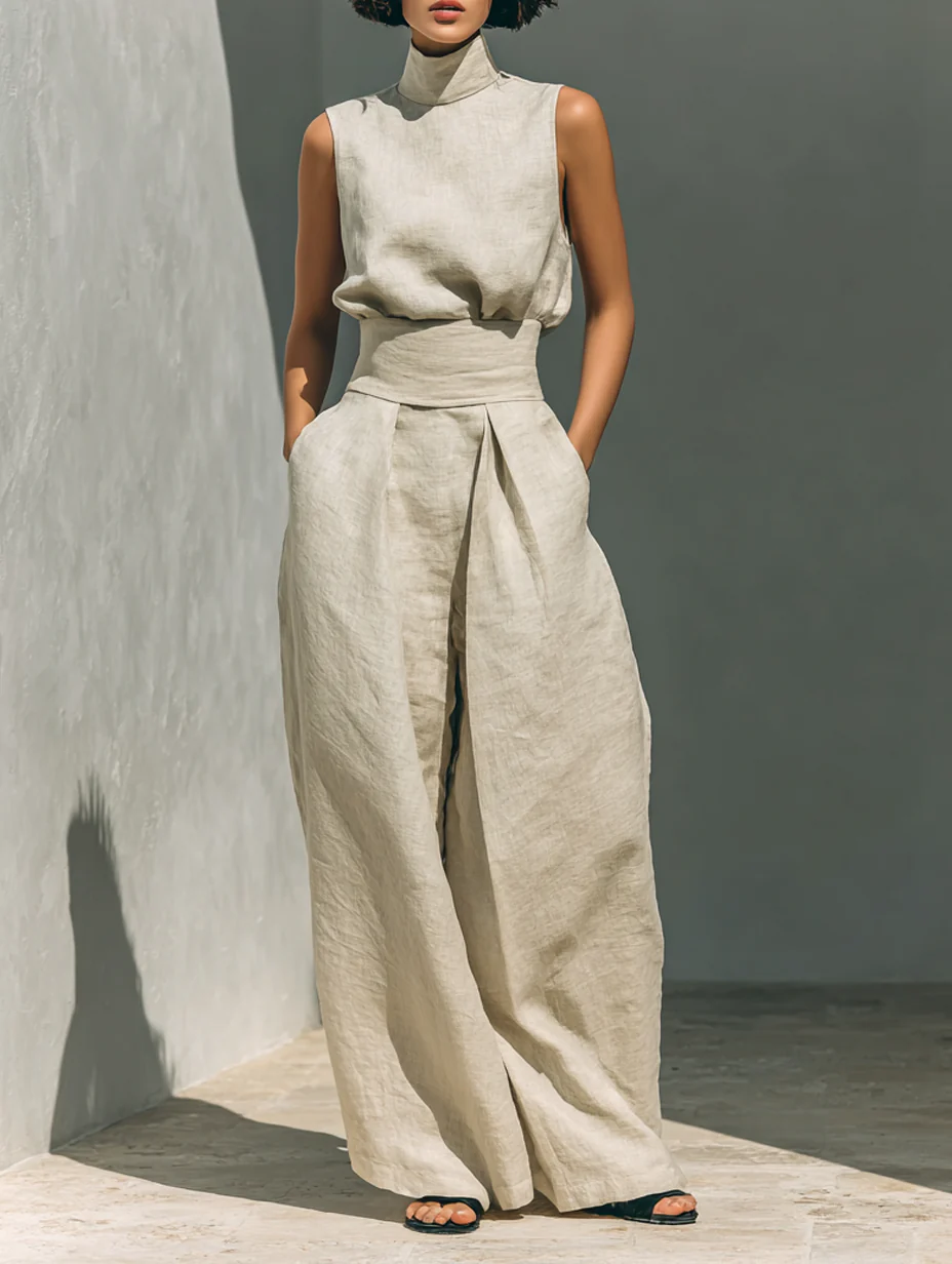 Julie™ | Conjunto de dos piezas beige en lino con top sin mangas y pantalón ancho