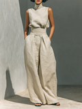 Julie™ | Conjunto de dos piezas beige en lino con top sin mangas y pantalón ancho