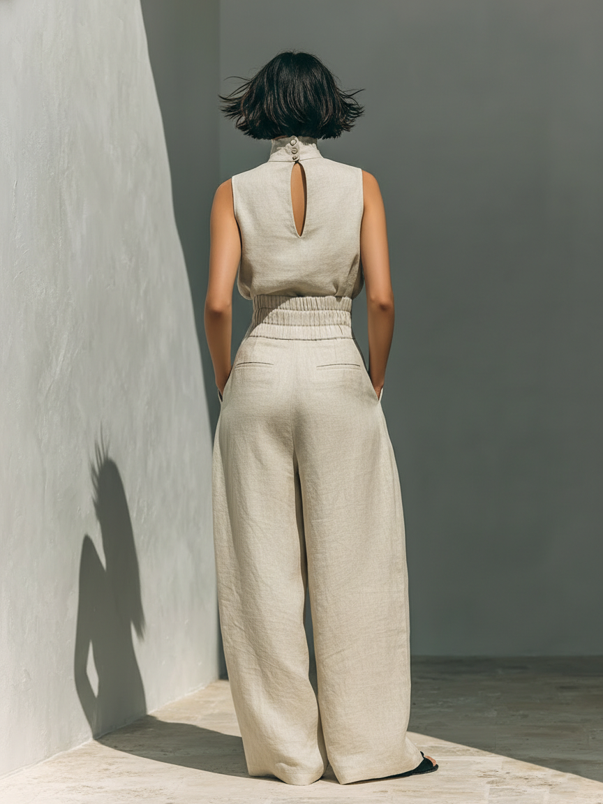 Julie™ | Conjunto de dos piezas beige en lino con top sin mangas y pantalón ancho