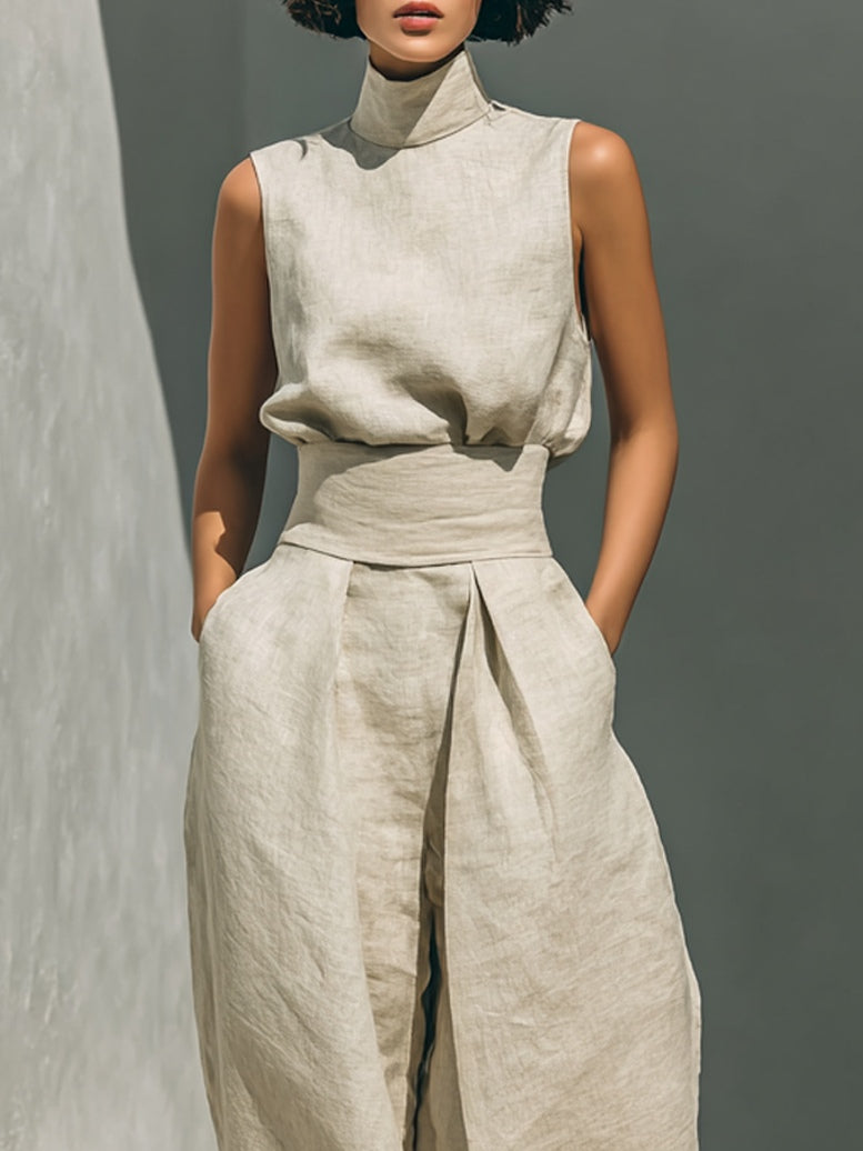 Julie™ | Conjunto de dos piezas beige en lino con top sin mangas y pantalón ancho