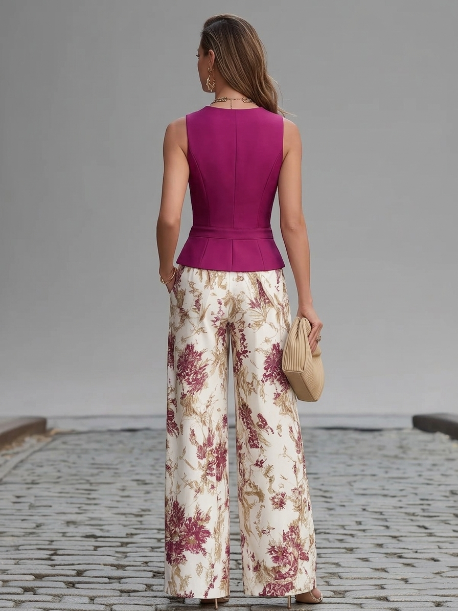 Isabelle | Conjunto de chaleco rosa y pantalón fluido floreado