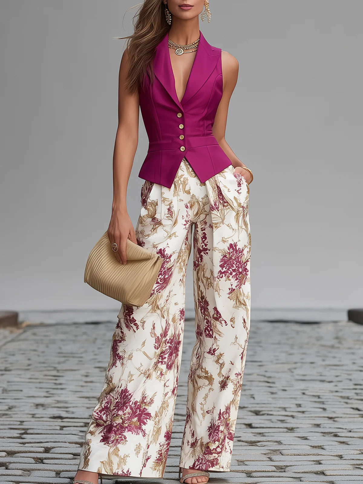 Isabelle | Conjunto de chaleco rosa y pantalón fluido floreado