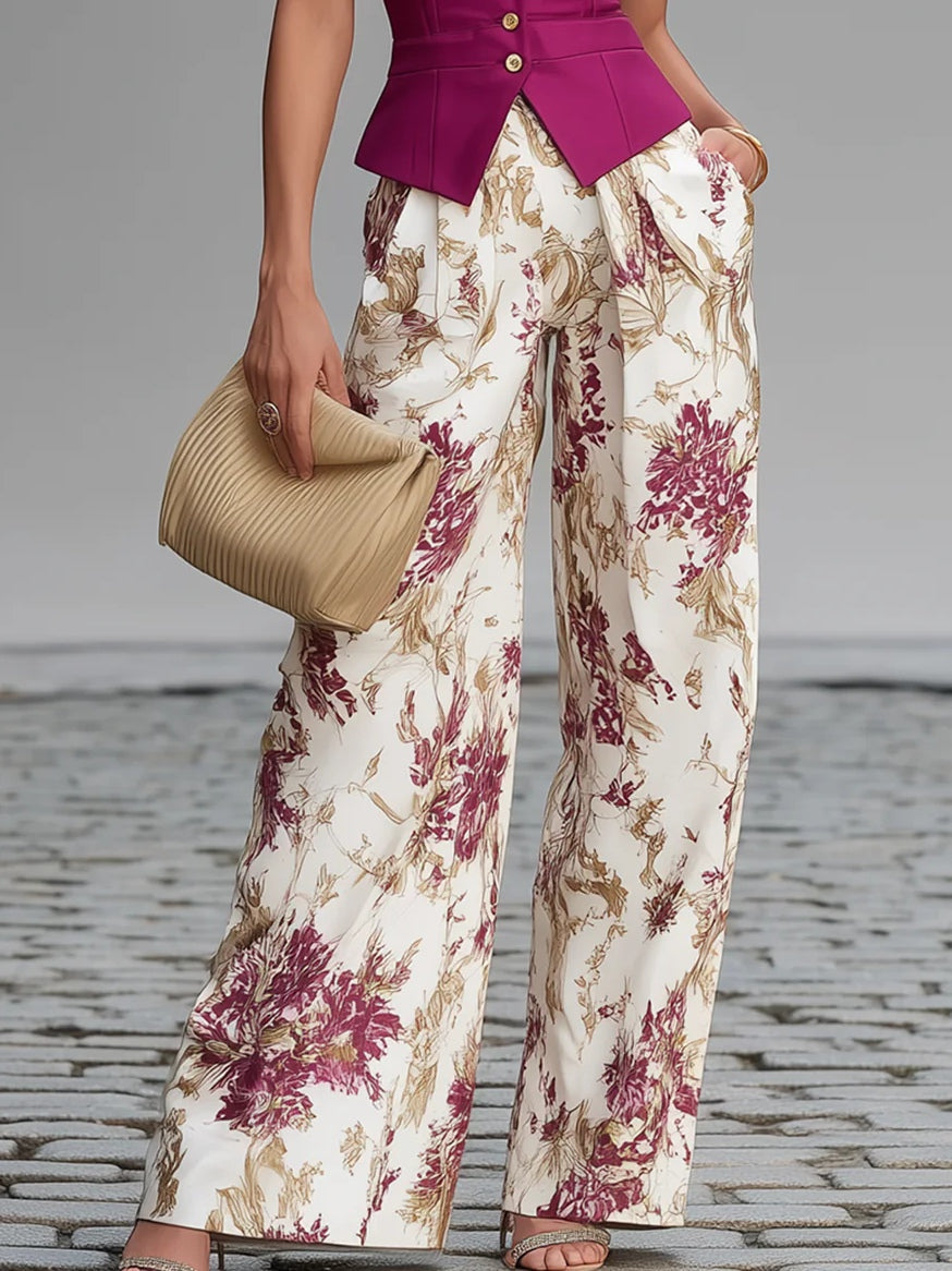 Isabelle | Conjunto de chaleco rosa y pantalón fluido floreado