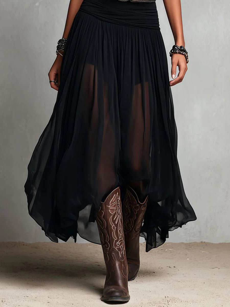 Thaïs | Vestido maxi negro sin mangas con falda de tul (con cinturón)