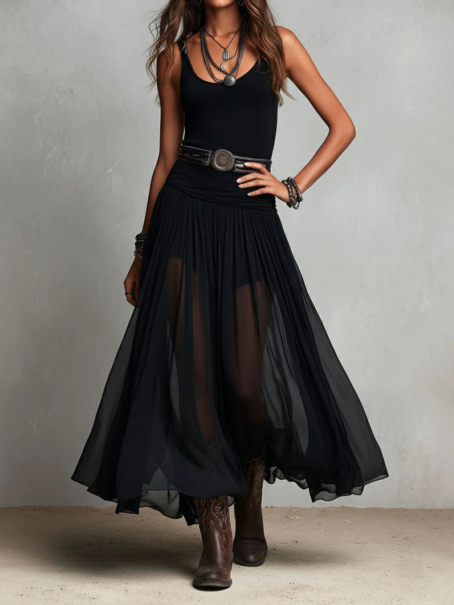 Thaïs | Vestido maxi negro sin mangas con falda de tul (con cinturón)