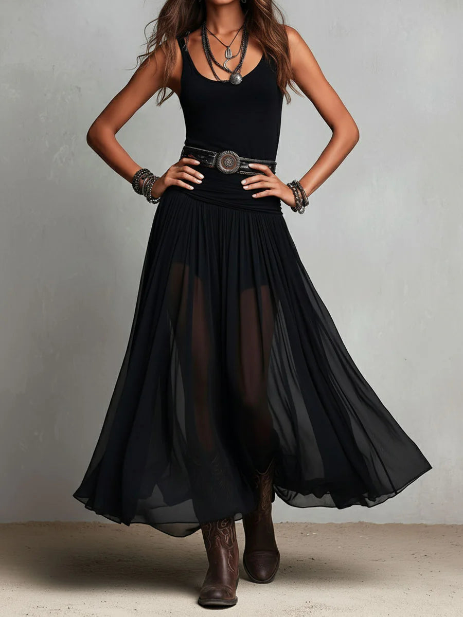 Thaïs | Vestido maxi negro sin mangas con falda de tul (con cinturón)
