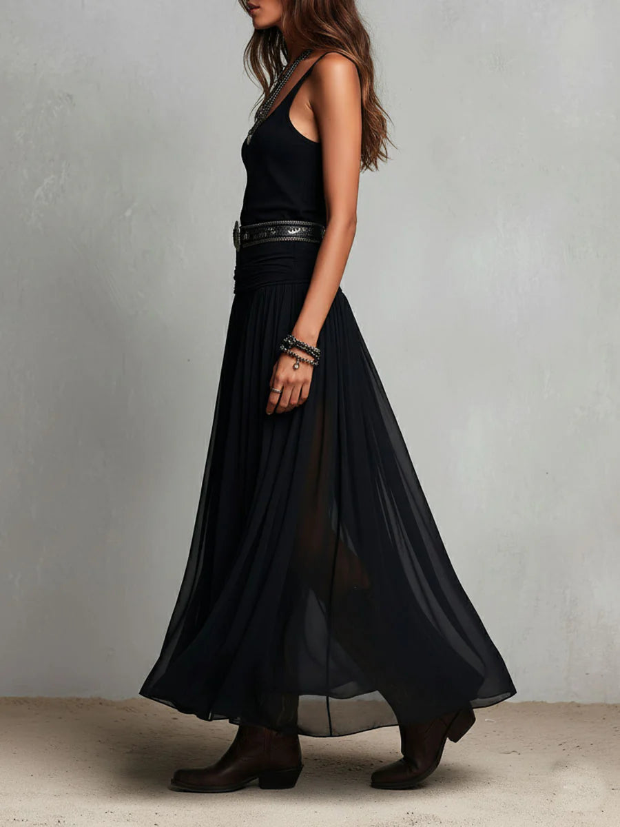 Thaïs | Vestido maxi negro sin mangas con falda de tul (con cinturón)