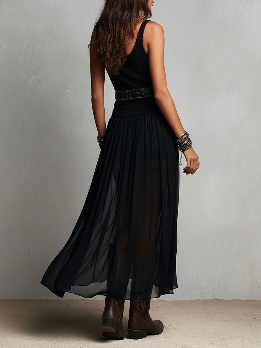 Thaïs | Vestido maxi negro sin mangas con falda de tul (con cinturón)
