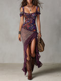 Lys | Vestido maxi violeta estilo nómada urbano con estampado de leopardo, flores y abertura alta